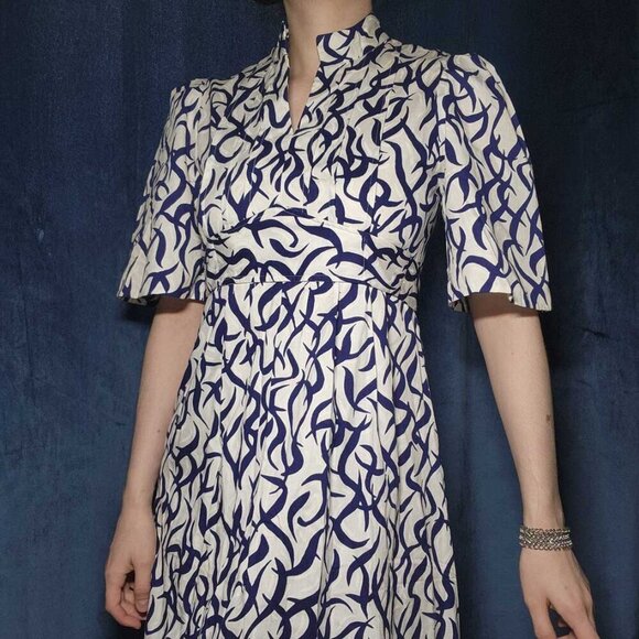 Vintage 60s navy blue and white empire waist babydoll maxi column dress - Picture 3 of 15